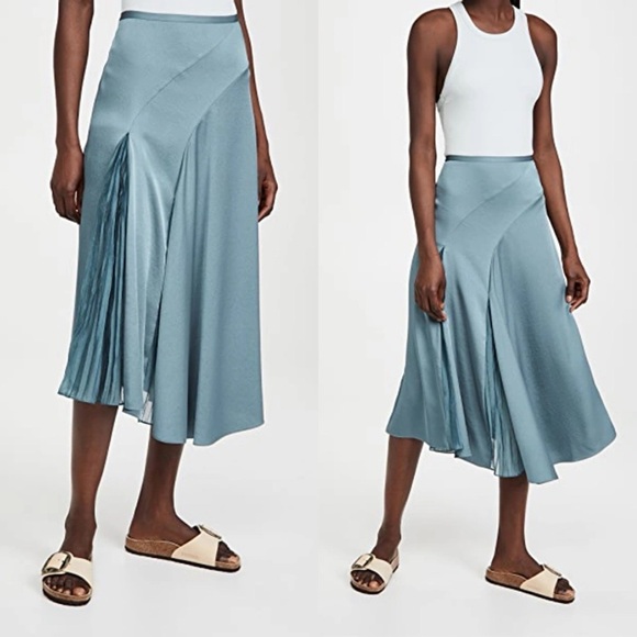 Vince Satin Midi Skirt 4 Pleated Mixed Media Asymmetrical - Picture 2 of 16